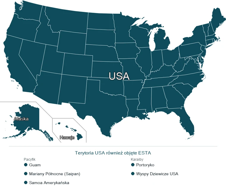 Mapa z zaznaczonym obszarem objętym ESTA: kontynentalne USA, Alaska i Hawaje oraz terytoria USA (Portoryko, Guam i inne)